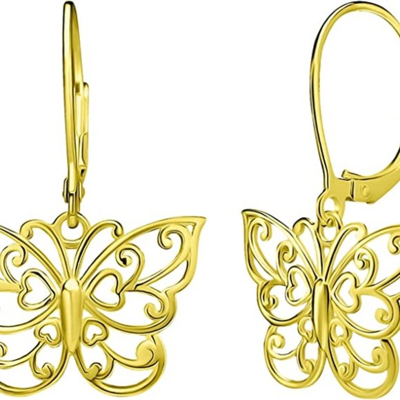 Sterling Silver Butterfly Earrings Filigree Dainty Dangle Drop Leverback